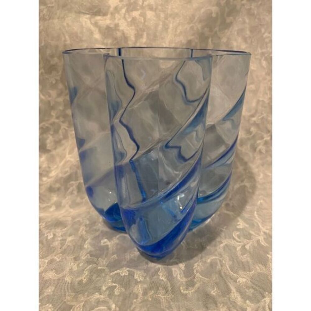 Unique Crystal Baby Blue Swirl Scalloped Glass Vase Cup 4.75"